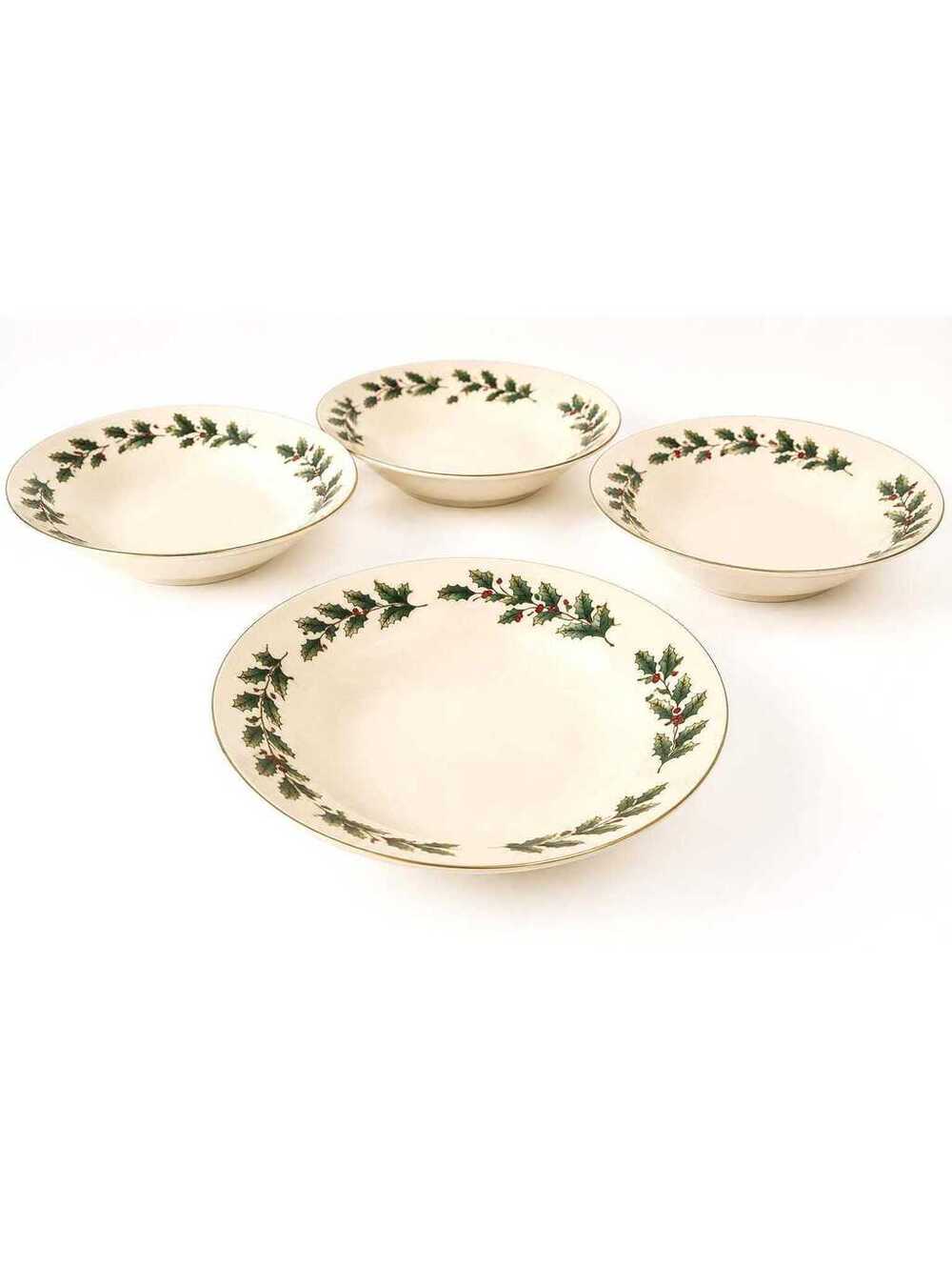 Christmas Holly Soup Bowls, Set of 4, Brighten the Season 8" Holiday Dinnerware